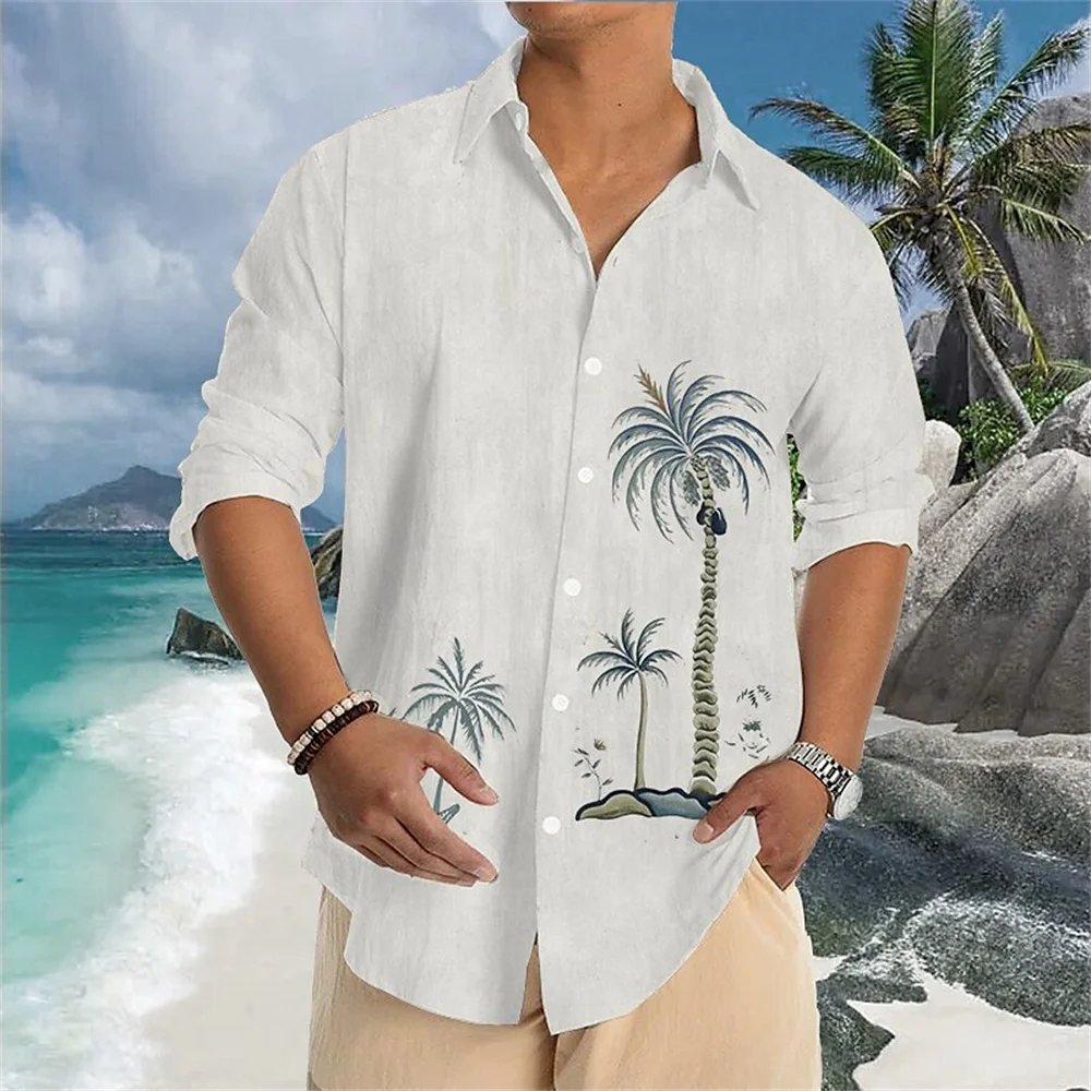Popular Men's Shirt Coconut Tree Print Simple Slim High Quality Top Daily Leisure Travel Holiday Club Long-sleeved Lapel Shirt