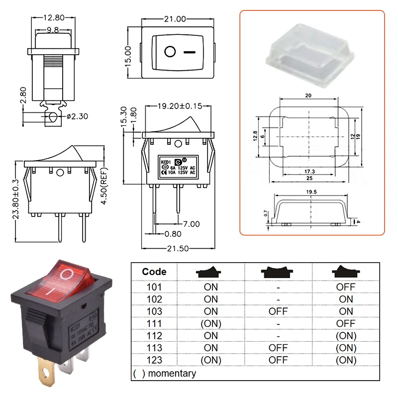 10 шт./лот KCD1 Mini 6A 250VAC клавишный переключатель ВКЛ./ВЫКЛ. SPST 12 В 220 красный зеленый