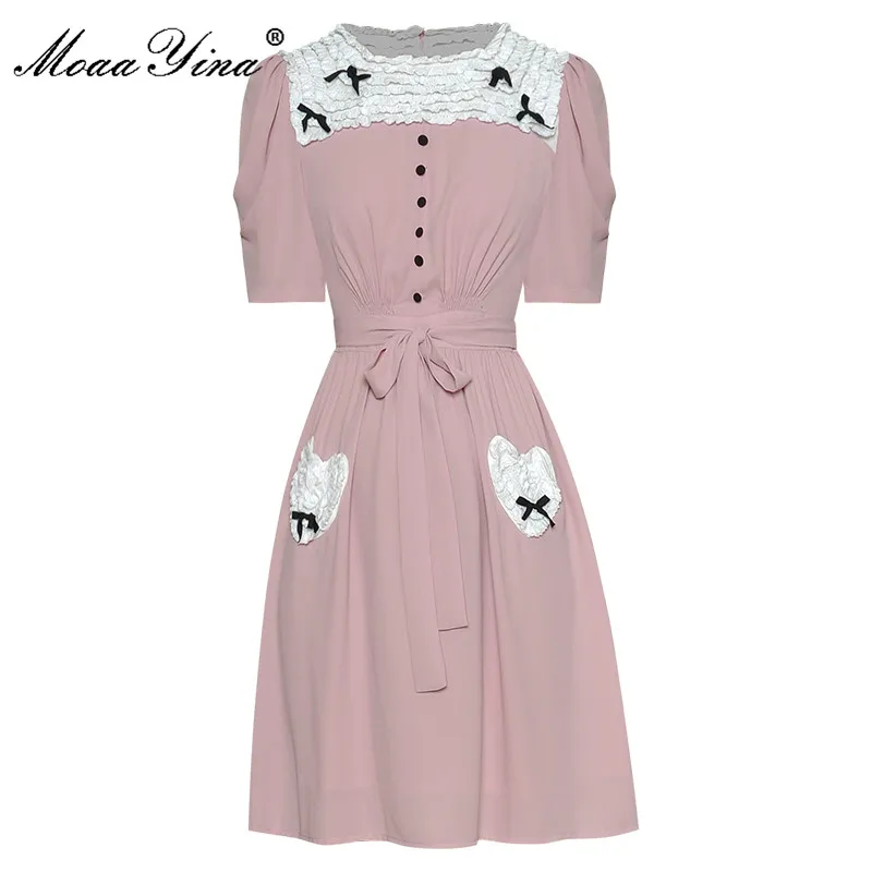 

MoaaYina Fashion Runway dress Summer Women's Dress Square collar Short Sleeve Pockets Button Pink Elegant Dresses