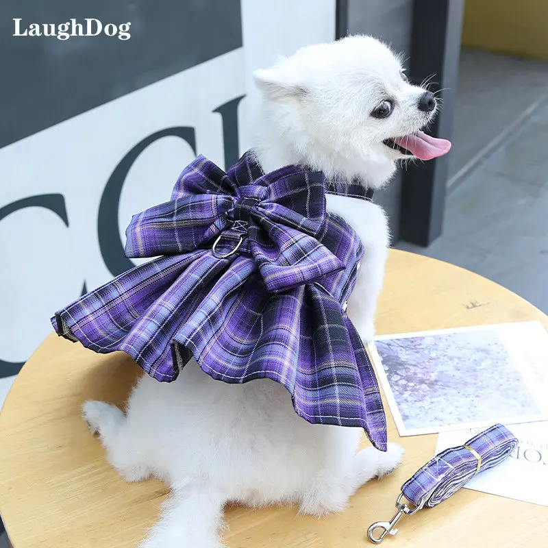 Big Bow Pet Dress Dog Clothes Plaid Print Skirt With Leash For Small Dogs Pet Outfits Cute Bowknot Puppy Dresses Ropa Para Perro