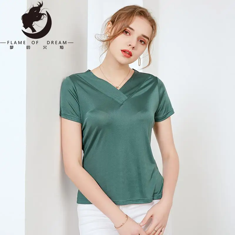 

Flame Of Dream Spring And Summer New Silk V-neck Short Sleeve Women's T-shirt Solid Color Mulberry Silk Knitting Top 22837