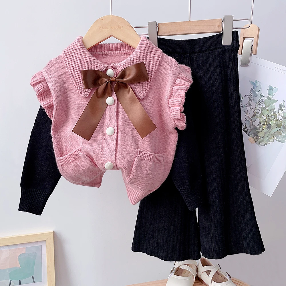 

Menoea/Детский свитер с бантом + штаны, комплект из 2 предметов, новый детский трикотажный костюм для детей 2-6 лет, детский спортивный костюм, зимняя одежда для девочек