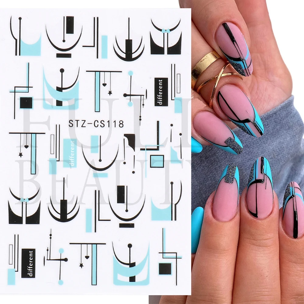 3D наклейка для ногтей с французским наконечником черные линии геометрические