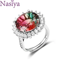 fashion jewelry aaaaa zircon gemstone ring large round 15mm color tourmaline adjustable ring female engagement wedding party