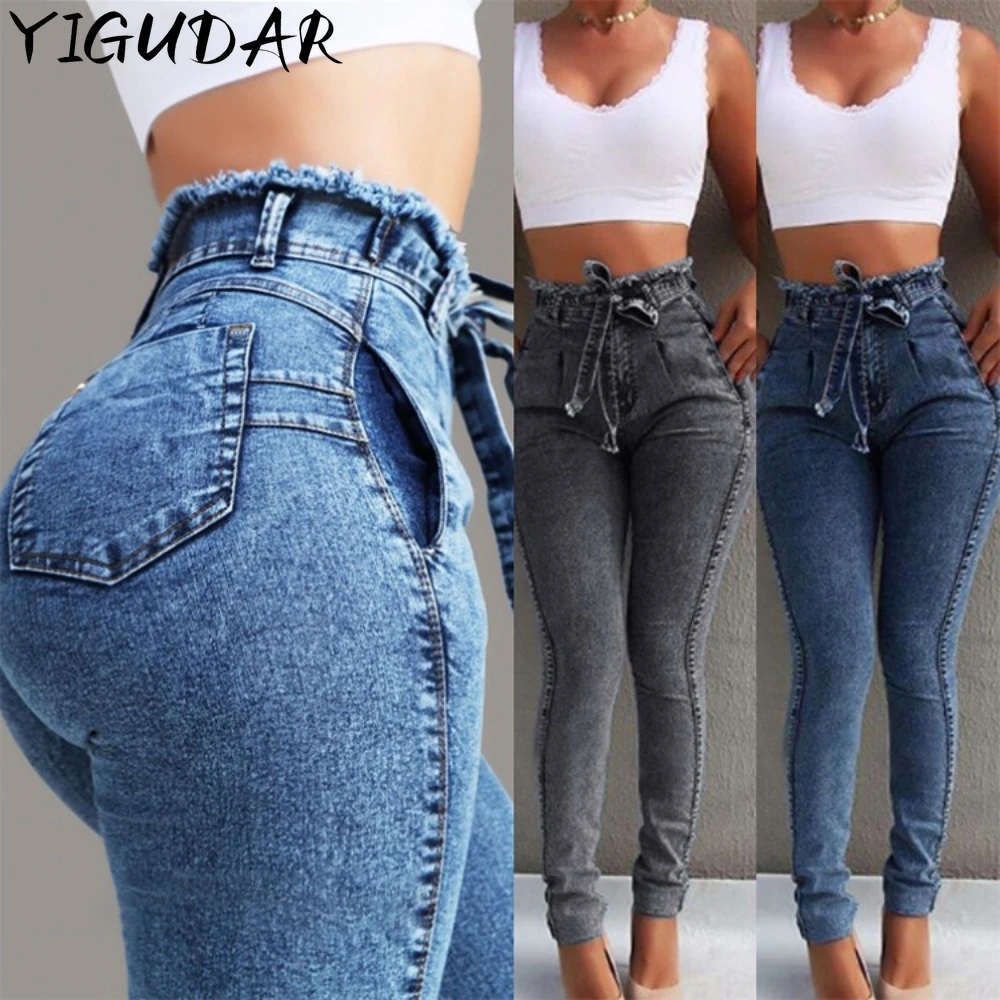 Women Jeans Summer Solid Skinny Slim Stretch Fringe Belt Pencil Jeans High Waist Tassel Drawstring Femme Stretch Denim pants