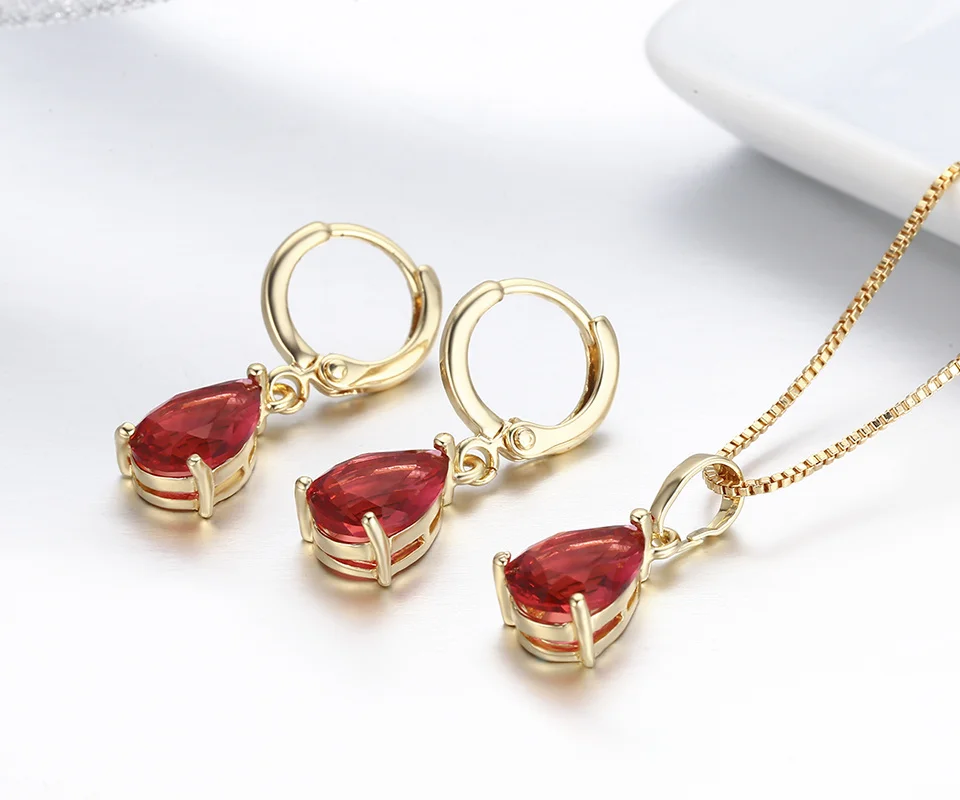 Cute Yellow Gold Color Pear Rose Red CZ Small Teardrop Drop Earrings Pendant Necklace Jewelry Sets For Women Girls 18" Aros - купить по