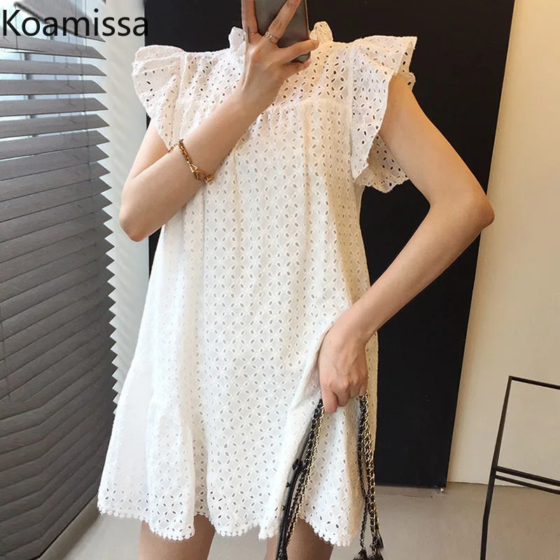 

Koamissa Elegant Women Hoke Flower Hollow Dress Solid Slim Korean Mini Short Dresses Summer Chic Korean Vestidos Solid Robe 2022