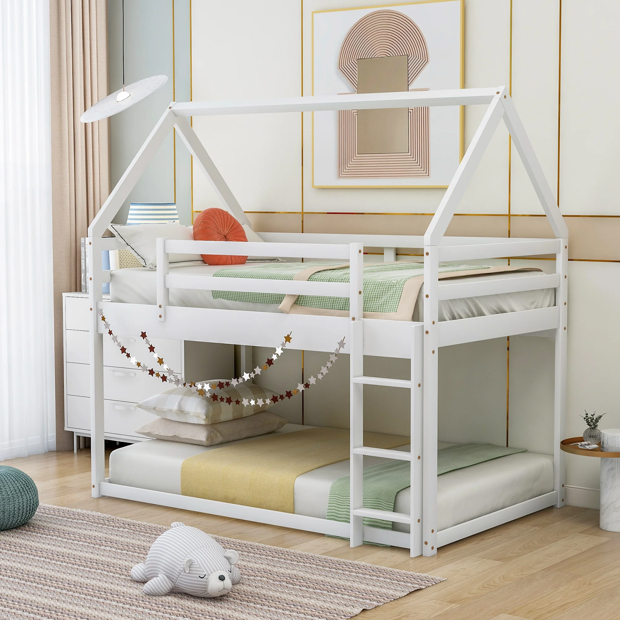 

Twin over Twin Low Bunk Bed, House Bed with Ladder , White(OLD SKU:WF197808AAK)