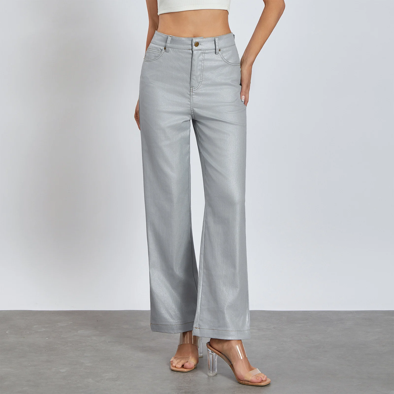 Женские блестящие джинсовые брюки с металлическим блеском однотонные прямые