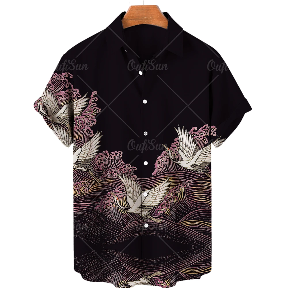 Animal Crane 3D Printing Chinese Style Men's Short-sleeved Shirt 2023 Street Clothing Loose 5XL Street Clothing