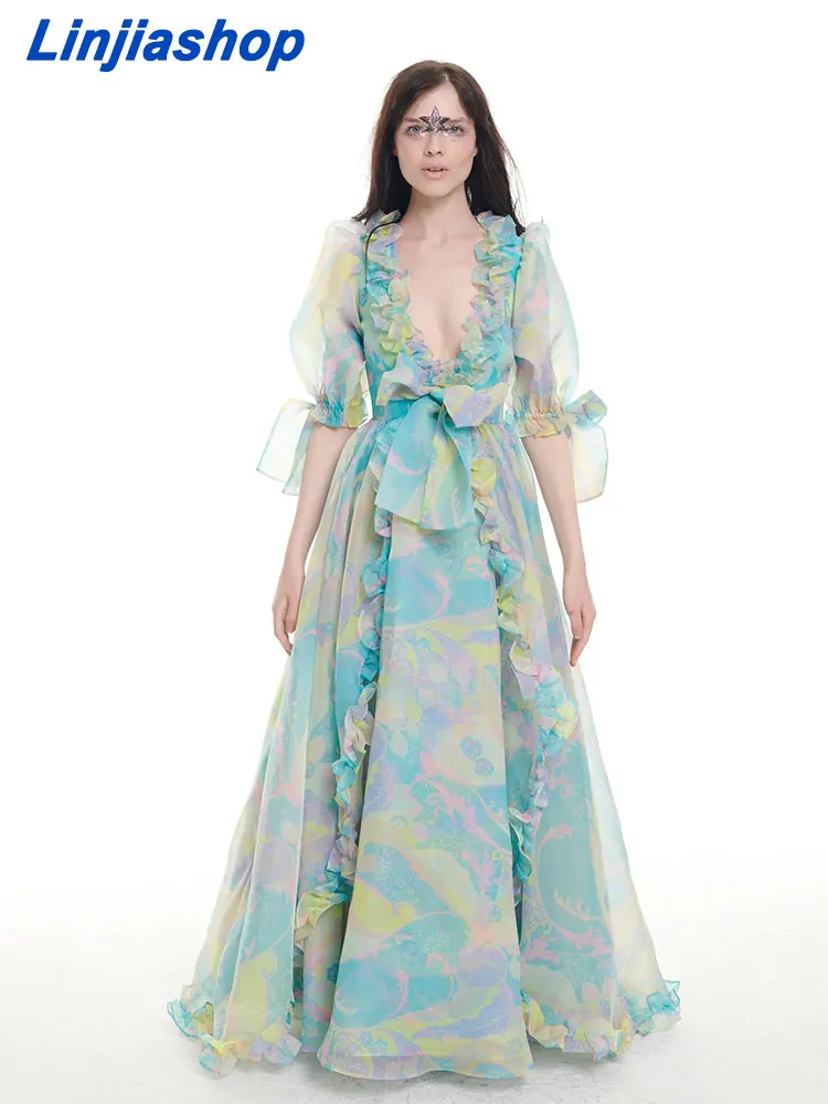 

Summer women midi dress slim floral print green deep v neck ruffles organza holiday half sleeves party long split dress 2022514