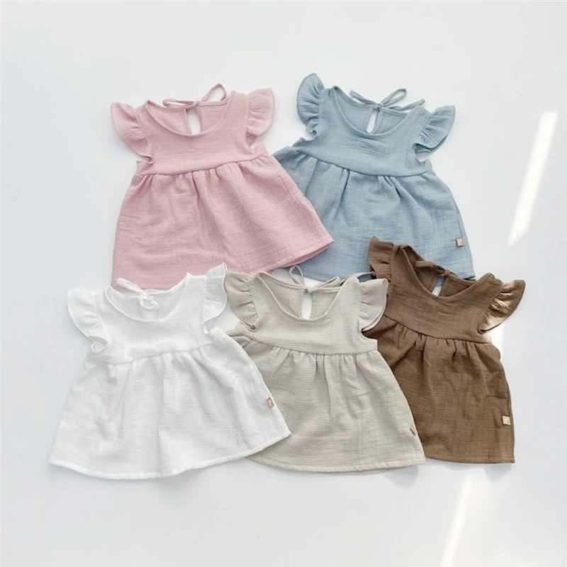 

2022 Baby Girl Clothes Set for Infants Cute Solid Flying Sleeve Dress+Shorts Suit Summer Cotton Short Sleeve Children's Clothing