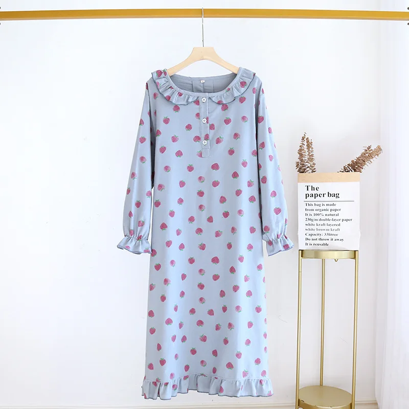 Spring and Autumn New Ladies Long Skirt 100% Cotton Knitted Cute Cartoon Nightdress Round Neck Sweet Long Sleeve Skirt Homewear