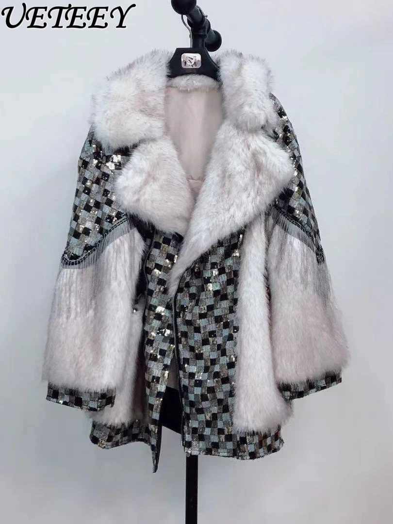 

2023 New Winter High-End Sequined Tassel Haining Fur Coat Women Plush Sheepskin Jacket Thick Warm Snow Wear Fur Lamb Wool Coats