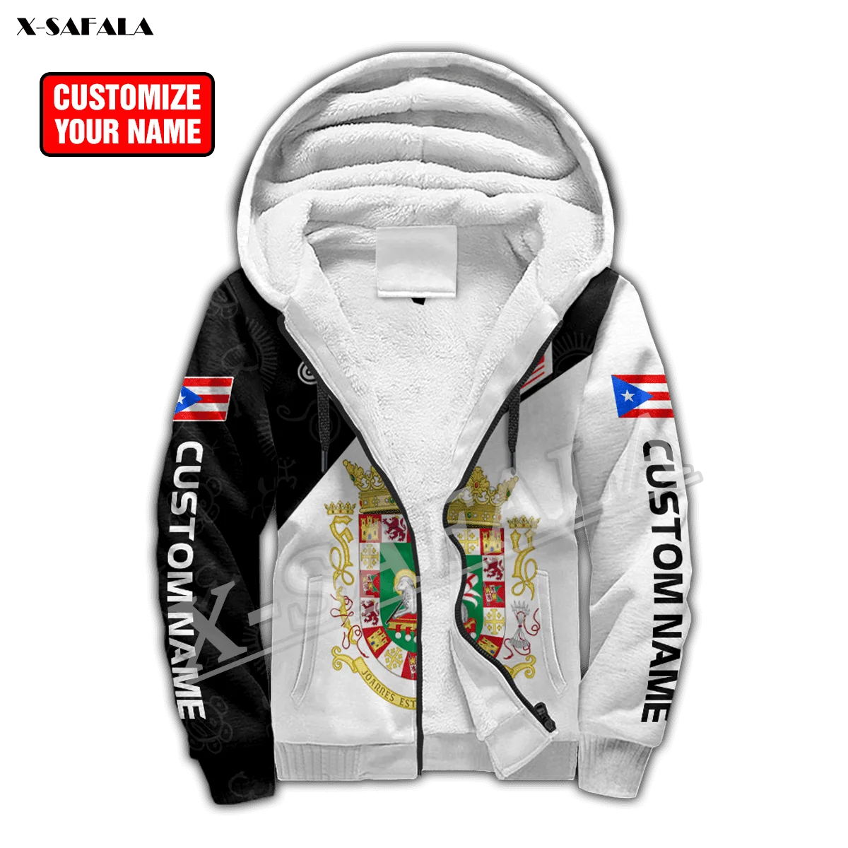 Love Puerto Rico Flag 3D Print Men Warm Thick Fleece Zipper Hoodie Jacket Windproof Pullover Coat Hooded Outwear US Size Winter