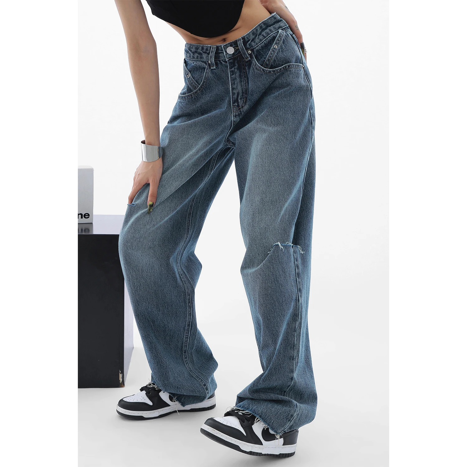 

Blue Women's Plus Size Ripped Jeans High Waist Vintage Baggy Denim Pants Streetwear American Style Fashion Denim Trouser