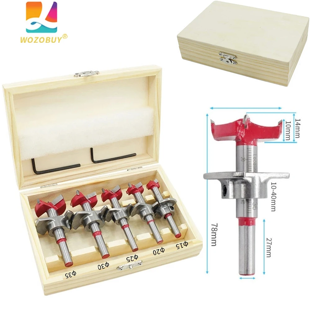 

WOZOBUY5 Pack Drill Bit Set 15 20 25 30 35mm Wood Spiral Cutter Hinge Hole Saw Woodworking Carbide Bit Set Locating Hole Saw Kit