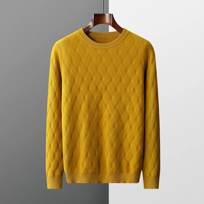 Пуловер из 100% чистой шерсти утепленный осенне-зимний мужской свитер с круглым