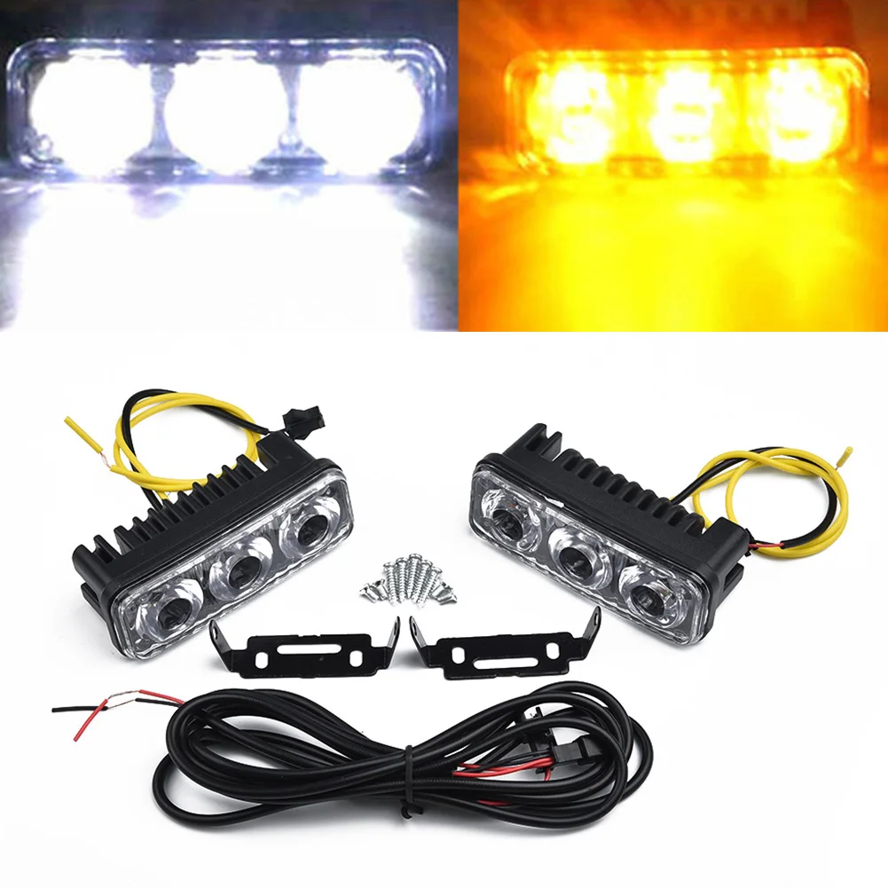 

2Pcs Car Daytime Running/Work Light Spotlight 12V Universal 3-LED White DRL Amber Turn Signal Mini Waterproof Automobiles Parts