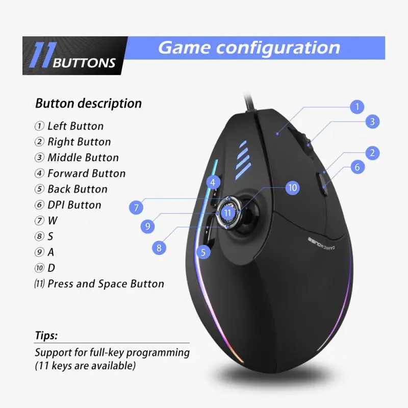 

For ZELOTES Vertical Gaming Mouse Programmable USB Wired RGB Optical Mouse 11 Buttons 10000 DPI Adjustable Ergonomic Gamer Mice