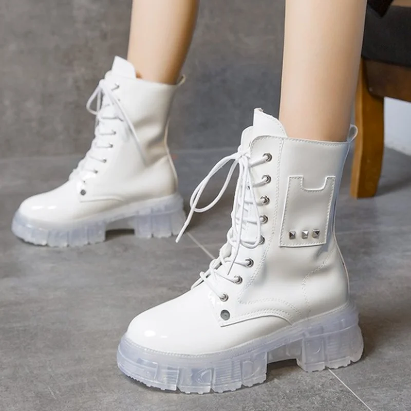 

Fashion Women Boots Transparent Non-slip Thick Bottom Square Heel Round Toe Boots Convenient Lace-up Lady Shoes Botas De Mujer