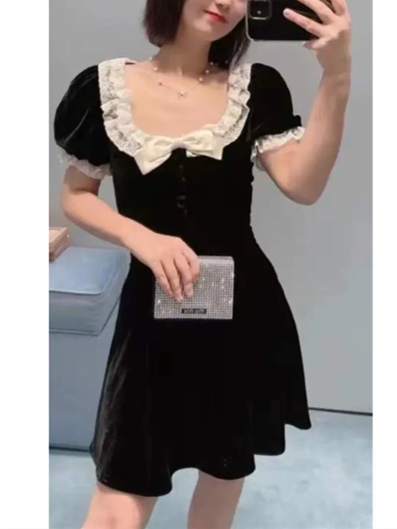 

2022 New Ladies Sweet Puff Sleeve Mini Robe Women's Black Velvet White Lace Trim Bow U Neck Short Dress