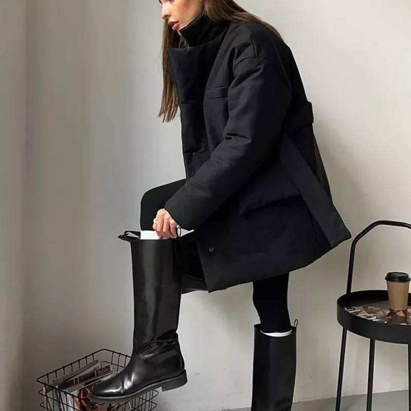 New2022 Casual Notched Parkas Women Fashion Tie Belt Solid Black Coats Women Elegant Single Breasted Cotton Jackets Female Ladie