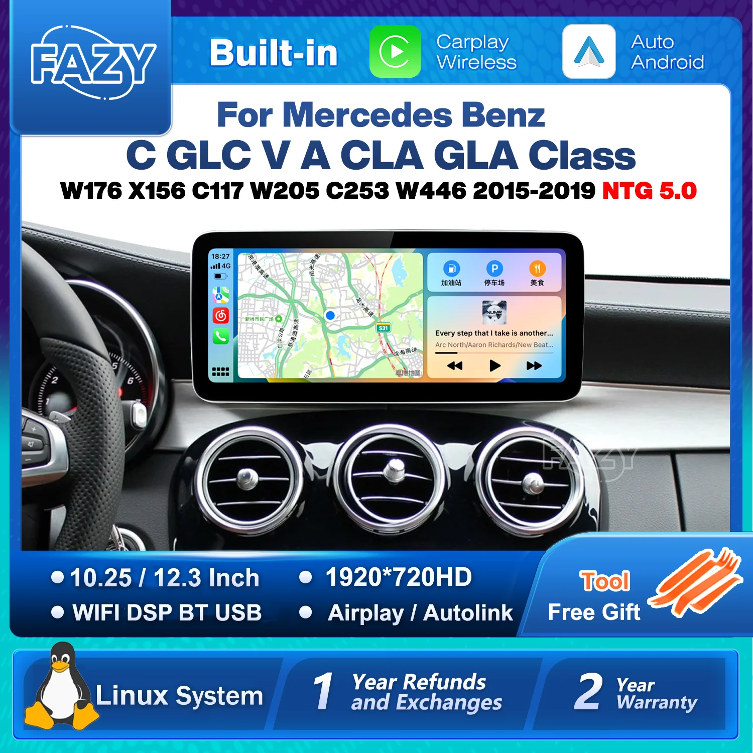 Фото Сенсорный экран с поддержкой Linux, CarPlay и Android Auto для Mercedes Benz C, GLC, V, A, GLA, CLA классов W176, X156, C117, W205, C253, W446. Автомагнитола с Bluetooth и GPS. №1