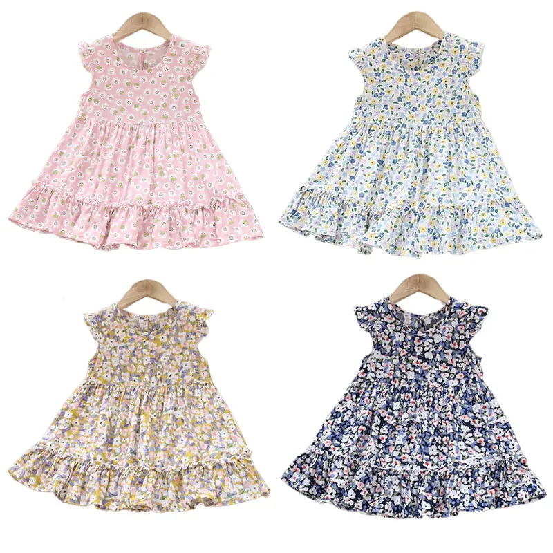 

2022 Summer New Girls Flying Sleeve Dress for Girls Rayon Beach Dress Ruffles Flower Floral Kids Fashion Clothing Princess Dress