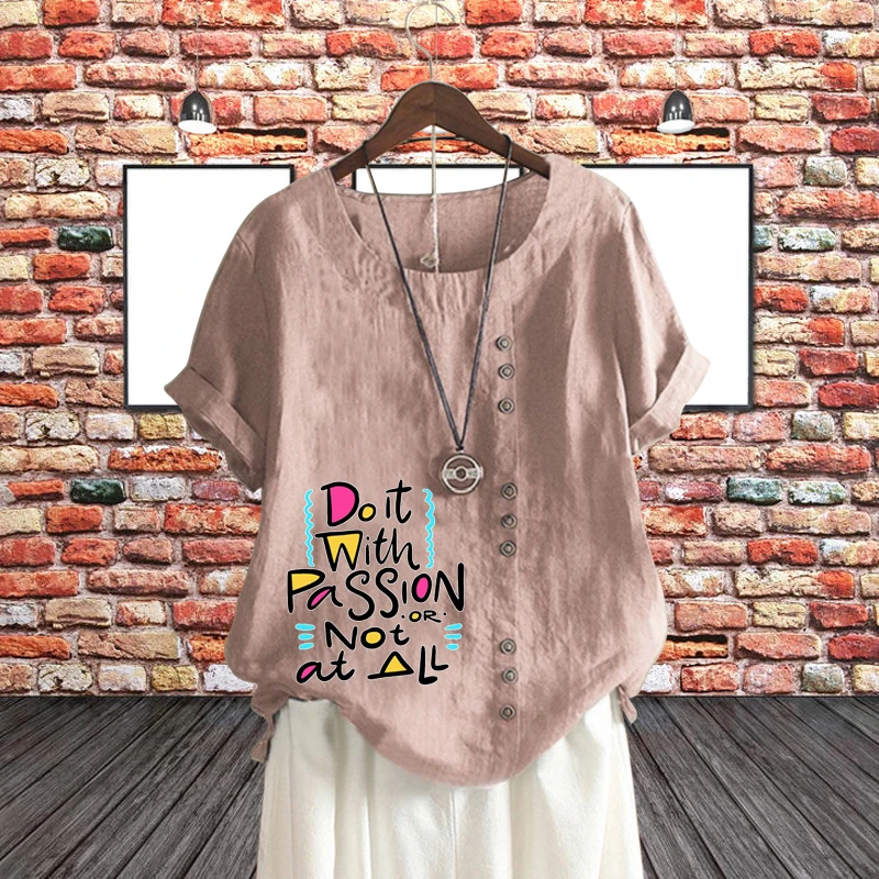 

Round Neck Printed Loose Linen Short Sleeve Women's Clothing T Shirt Lady's Pattern Casual Top English Words Printed Pullover