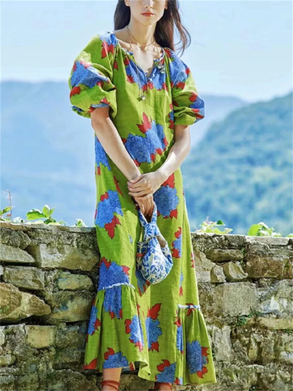 Summer 2023 New Women Floral Printed Round Neck Long Dress French Lady Short Puff Sleeve Loose Ruffled Trim Pleated Vintage Robe