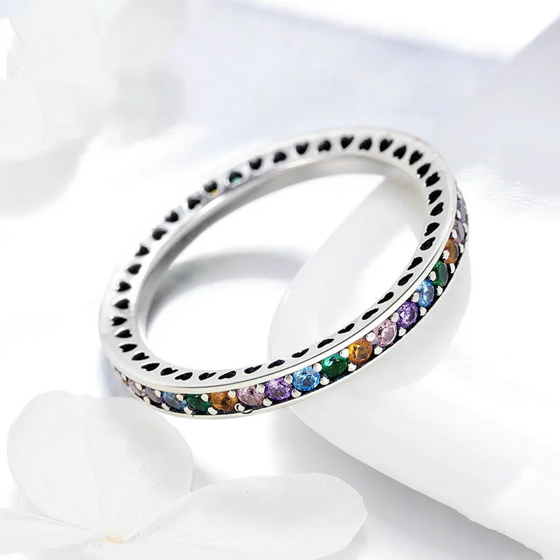 

Copper Inlaid Zircon Full Inlaid Colorful Zircon Rainbow Ring Simple and Niche Design Sense Single Row Simple Ring Wholesale