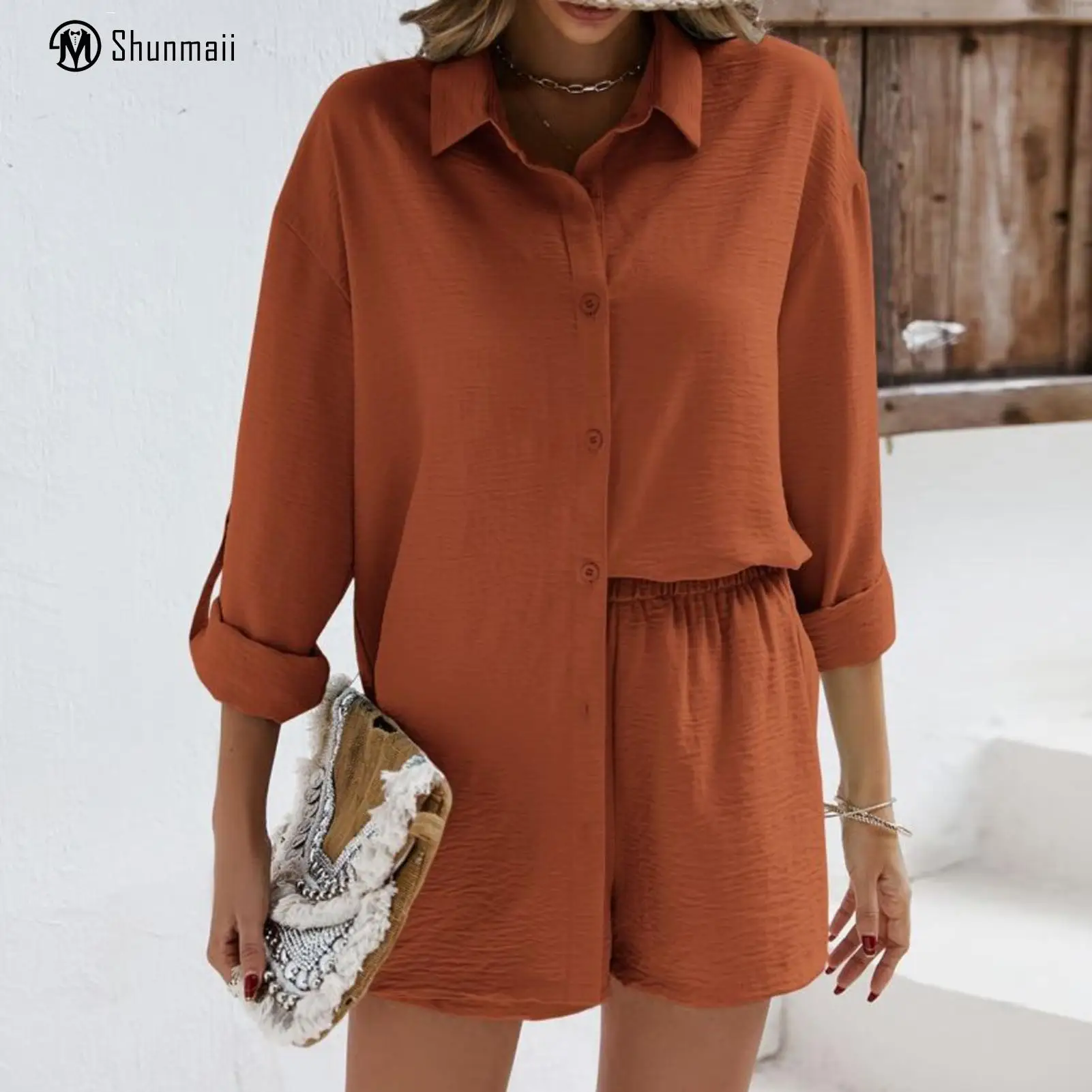 

Loose Fit Blouses Top Shorts Ladies Long Sleeve Top Shorts Elastic Waist Turn Down Collar V Neck Single Breasted Vacation Outfit