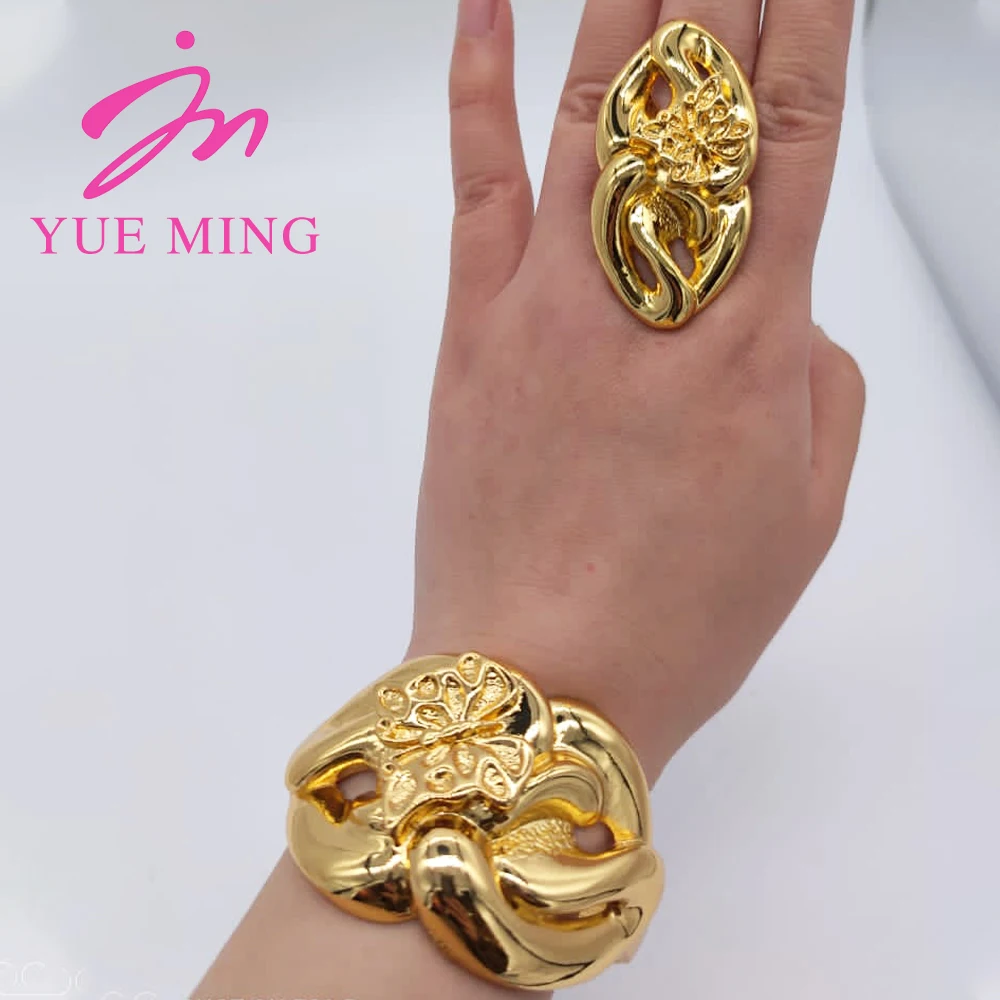 18K Gold Color Cuff Flower Bangle Ring For Women Moroccan France Dubai Luxury Copper Bracelet Jewelry Nigerian Party Wedding Gif