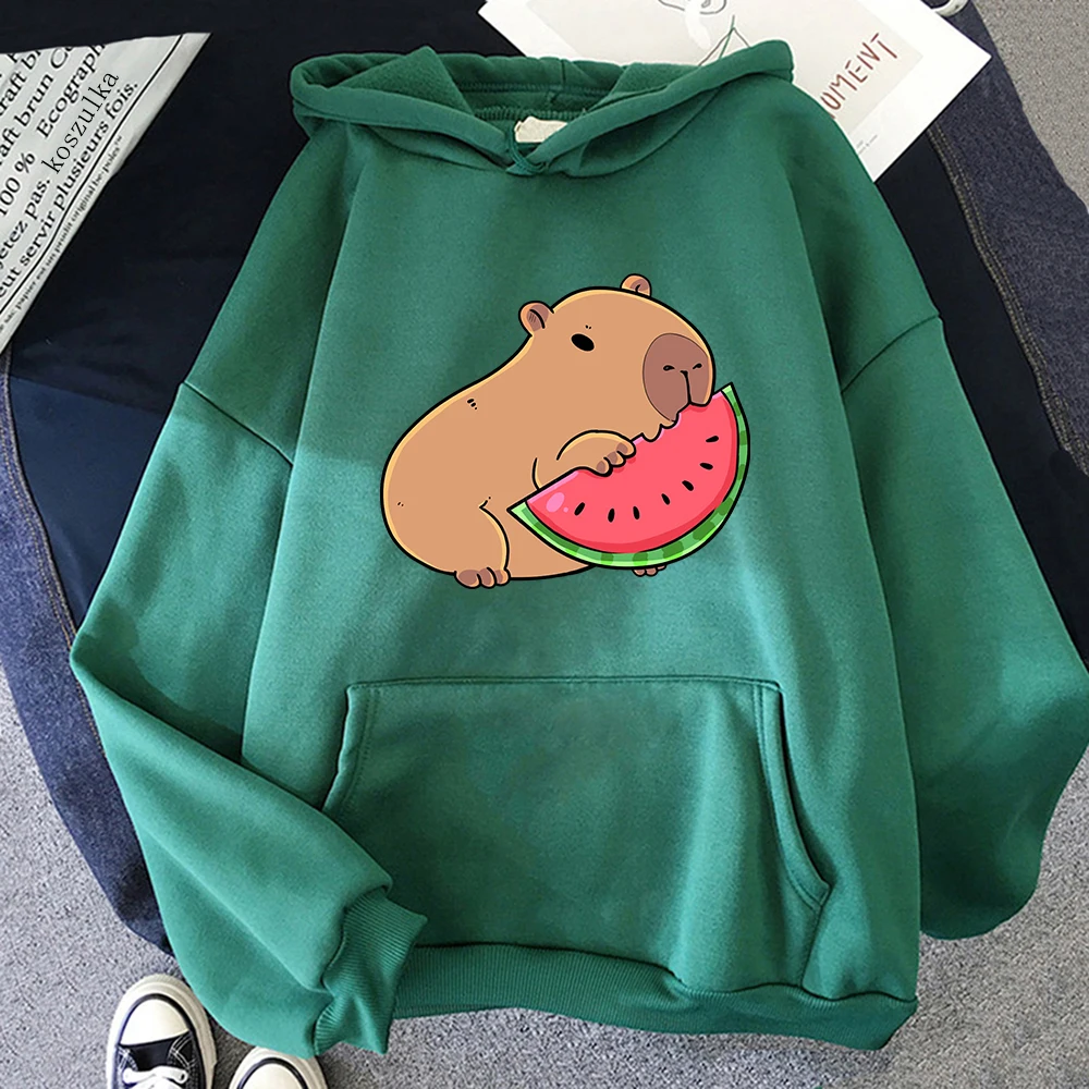 Очаровательная толстовка с капюшоном капибара ест арбуз для женщин/мужчин Harajuku в