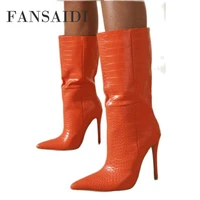 fansaidi fashion womens shoes winter new sexy blue orange elegant pointed toe half boots slip on concise mature 40 41 42 43