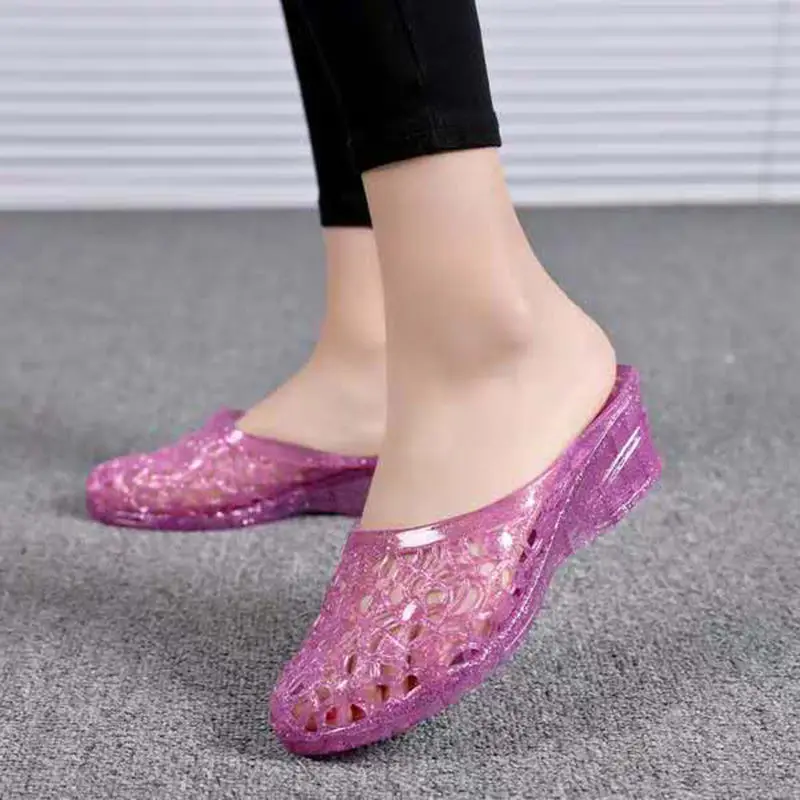 

Comemore Crystal Shoes Wedges Slippers Woman Outerwear Slides Women Summer Women's Mules Heels Female Footwear Close Toes Purple