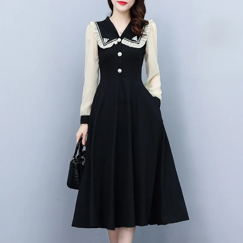 

Peter Pan Collar Dress For Women Trending New Fashion Korean Ladies Office Wear Beading Patchwork Long Sleeve A Line Dress M-4XL