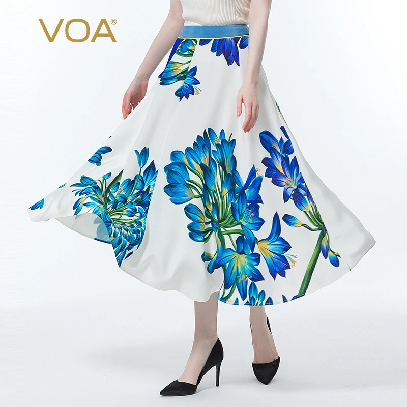 

VOA Silk 30 Momme Printed Heavy Crepe Material Splicing Fold Natural Waist Casual Asymmetric Design Fashion Floral Skirt CE101