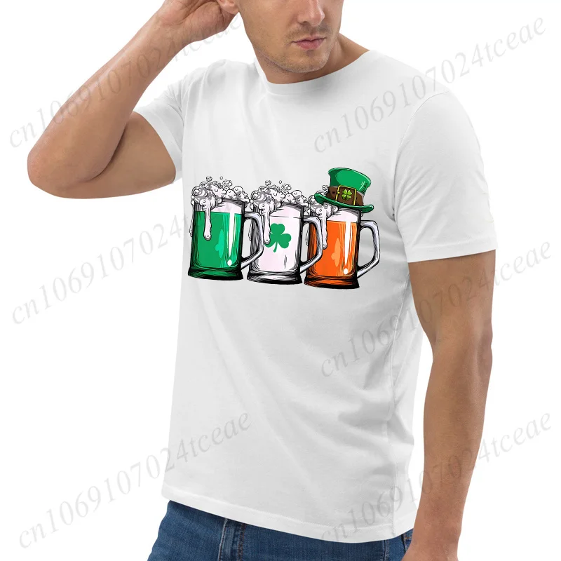 St Patrick's Day Men's T-Shirt Irish Beer Ireland Flag Print Unisex Oversized Tee Leprechaun Graphic Top Green White Party Wear