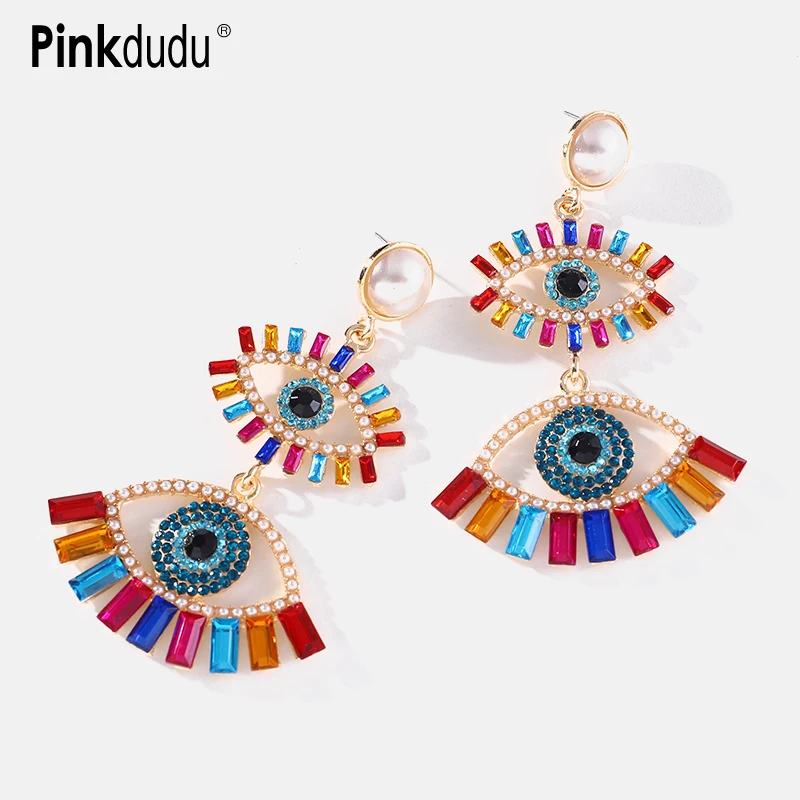 

Pinkdudu 2 Color Demon Eye Drop Earrings Exaggerated BOHO Multicolor Rhinestone Pearls Dangle Earring for Women Gifts PD783