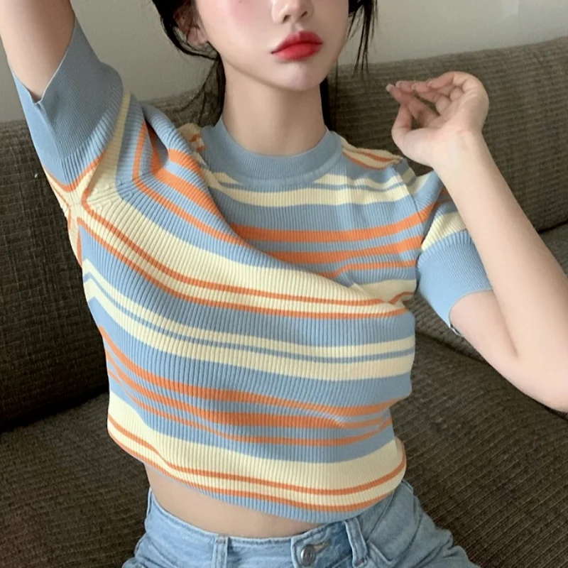 

Women's Rainbow Stripes Blue Cropped Tshirt Korean O Neck Knitted Short Sleeve Skinny Vintage Tops Y2k Streetwear Female T-Shirt