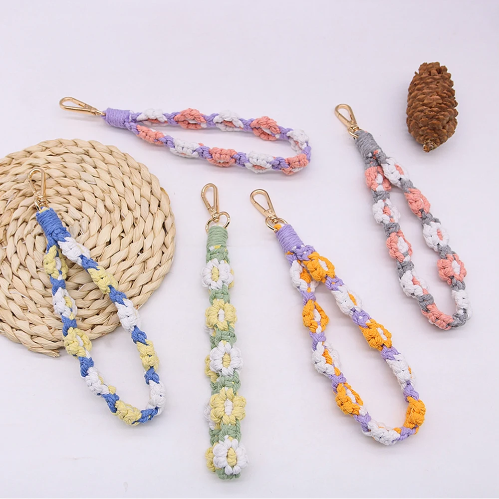 

Daisy Flower Macrame Wristlet Keychain Boho Bohemian Key Fob Strap Wrist Lanyard Bracelet Keyring Purse Backpack Charm Crochet