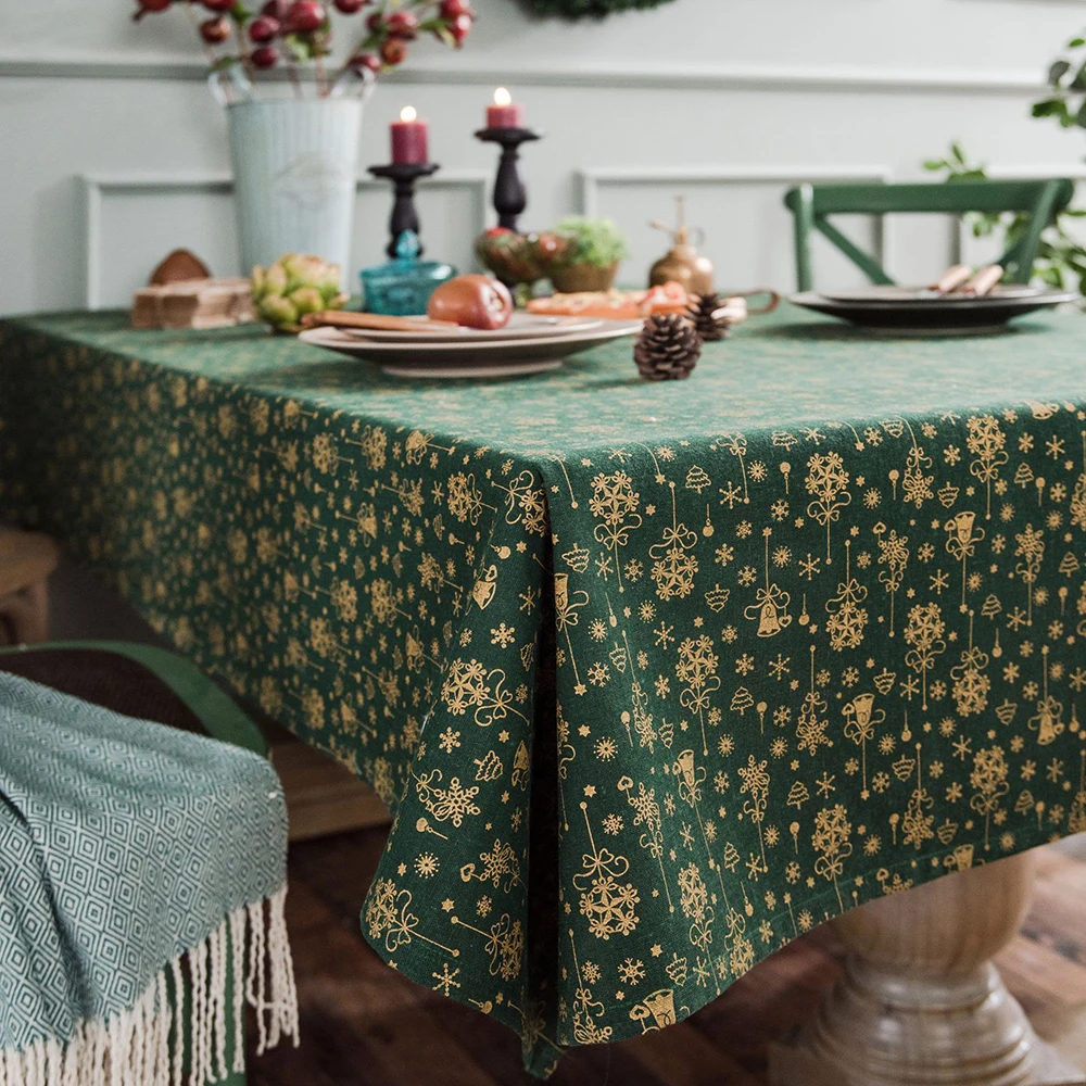 

Japan Style Linen Cotton Christmas Party Tablecloth Rectangle Green Bronzing Gold Dinning Table Cover For Home Events Decorative