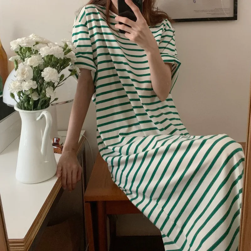 2023 Ins Hot Sale Summer Pajamas Dress for Young Women Ladies Striped Printed Long Home Dresses Korea Fashion Casual Loungewear