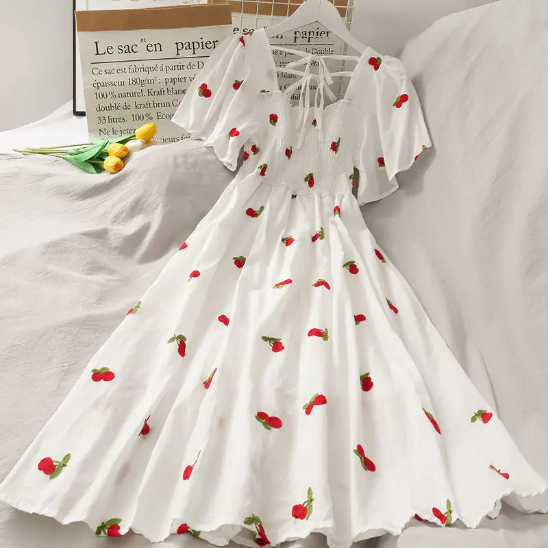 

Summer Super Fairy White, Strawberry Printed Dress Women's Beautiful Bk 2021 New Ling Mid-Length Dress Ins Fashion
