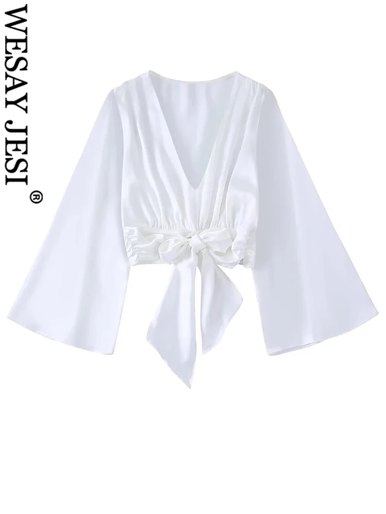 

WESAY JESI узел бант тонкие боковые складки короткие женские топы Элегантный Модный Шелковый Атлас V-образный вырез летающие рукава легкий женс...