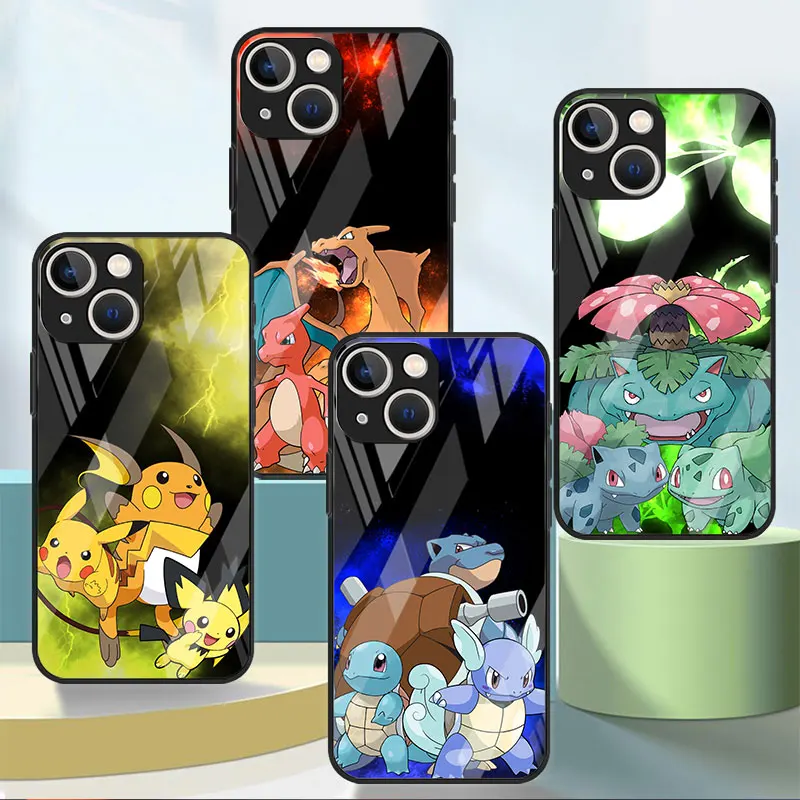Glass Case For Apple iPhone 14 13 11 Pro 12 7 8 Plus SE 2022 XR X XS Max 6 6S Tempered Phone Cover Pokemon Cute Pikachu