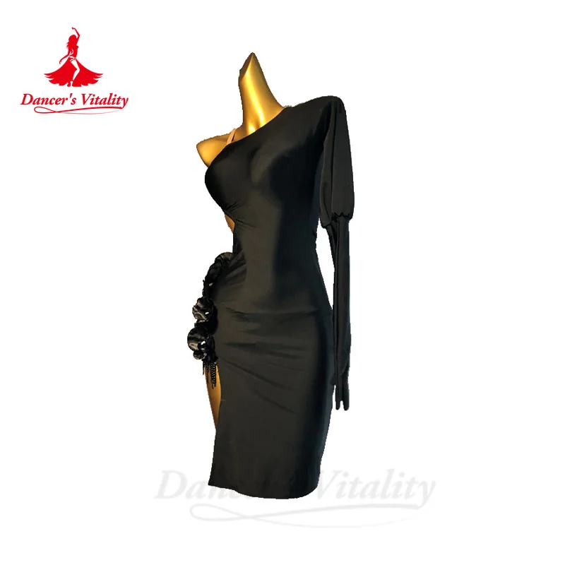 Женское платье из спандекса для латинских танцев с одним рукавом Rumba Chacha Tango