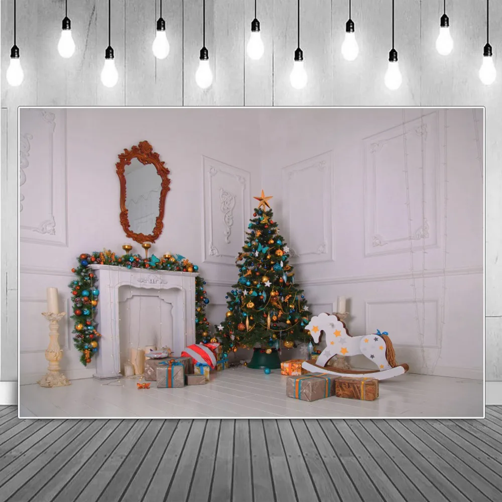 

Decorated Christmas Trees Fireplace Photography Backdrop Kid White European Carved Wall Mirror Boxes Hobbyhorse Photo Background